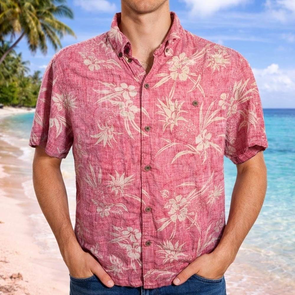 Tommy Bahama Hawaiian Aloha Shirt XL Tropical Flowers Reverse Print Pale Red
